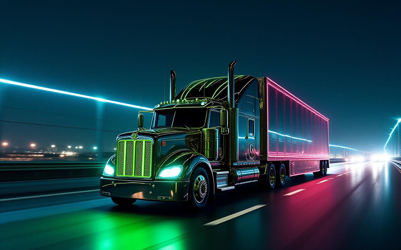 Modern logistics fleet on a highway at night with neon motion blur