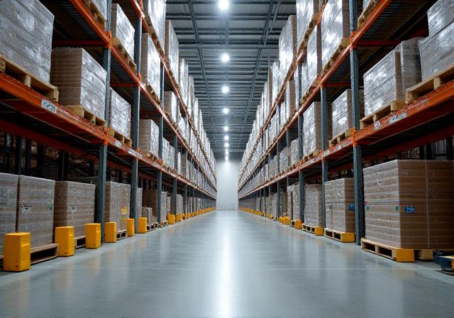 Interior of a large modern industrial warehouse with high-reach forklift