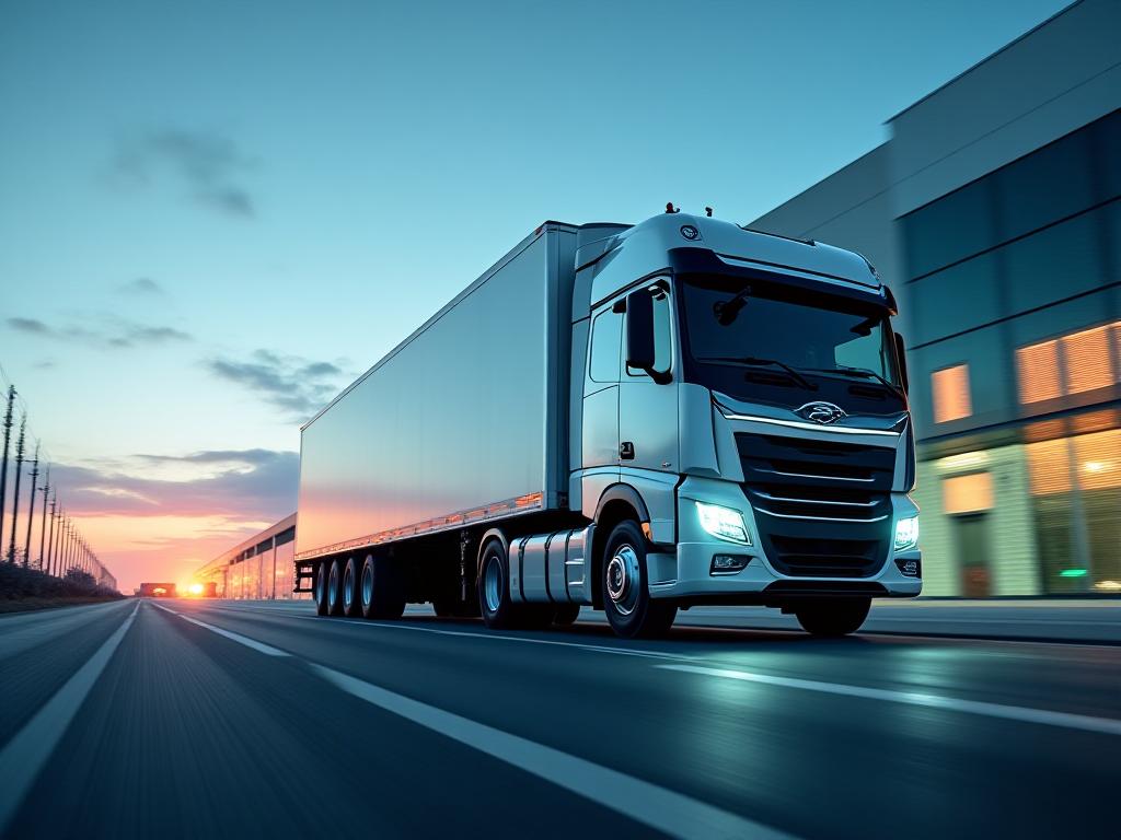 Modern freight truck and logistics facility at dusk