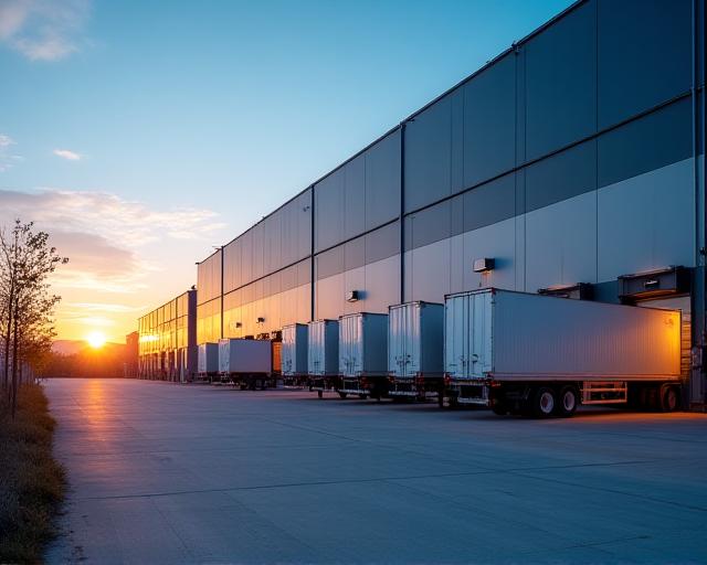 Exterior of a professional logistics warehouse at dusk